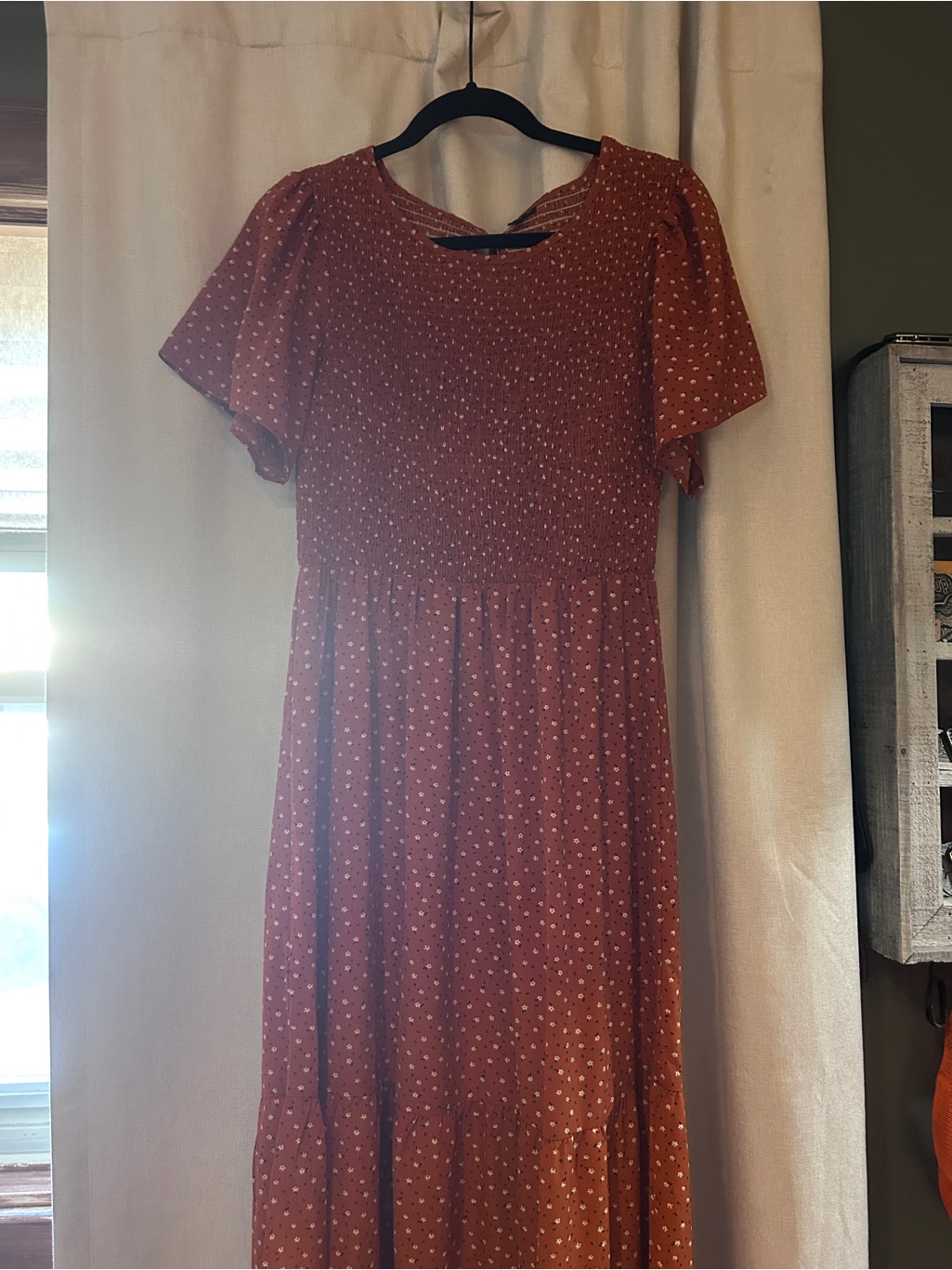 Women's Rust Polka Dot Maxi Dress With Smocked Bodice